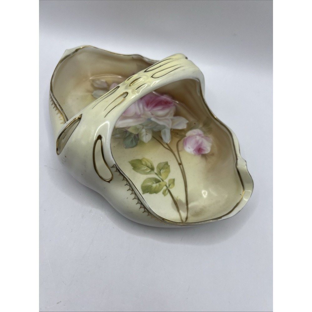 Hand Painted Trinket Candy Dish Basket RS Germany Pink Roses 3"x7.5"x4.5" Vtg